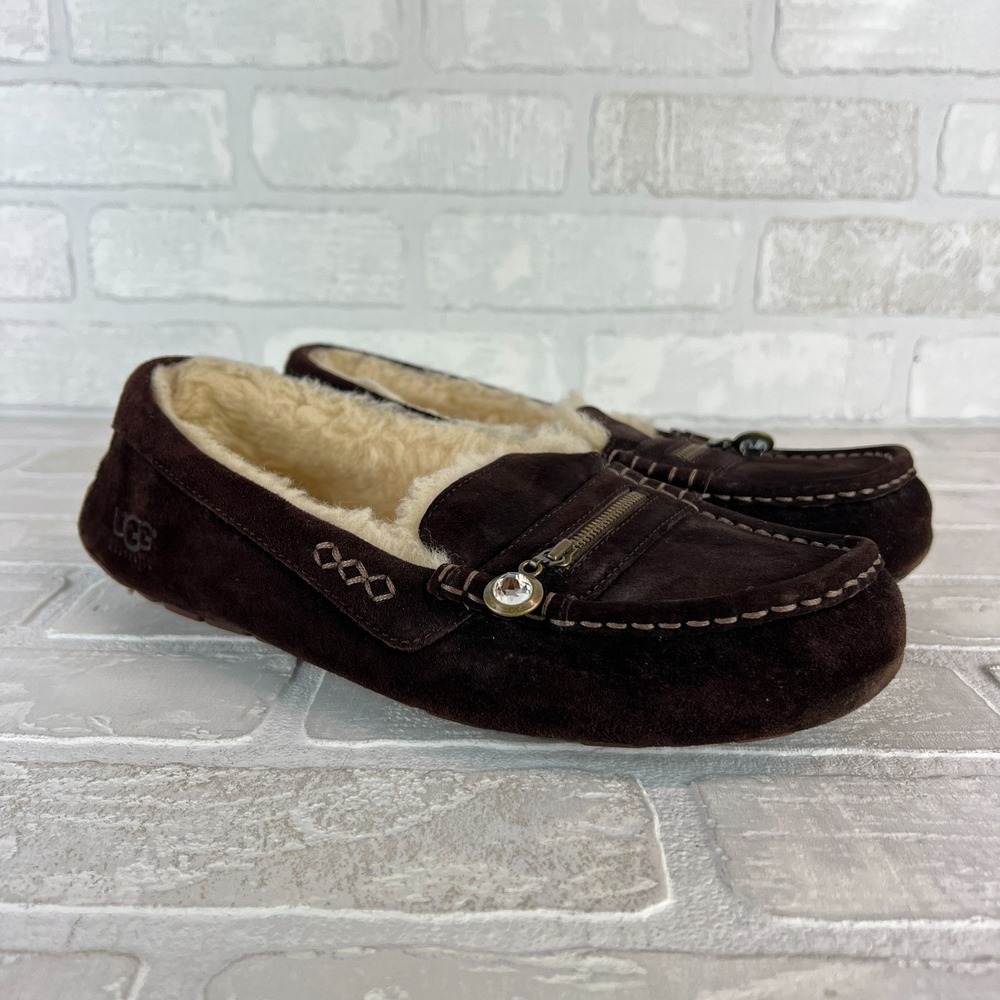 UGG Ansley Moccasin Slippers Womens 10 Brown Suede Shearling Fur Lined Zip Charm